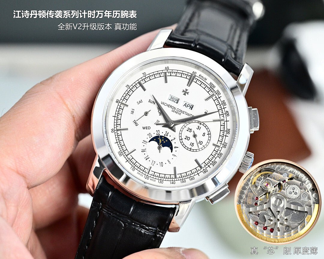Round wristwatch with white dial and subdials, black leather strap, silver bezel and crown.