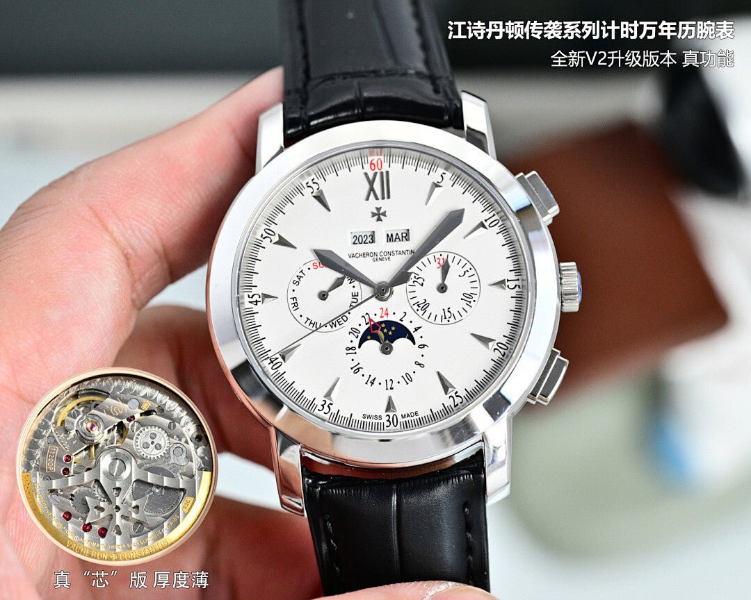 Round wristwatch with white dial featuring Roman numeral XII, black leather strap, silver bezel.