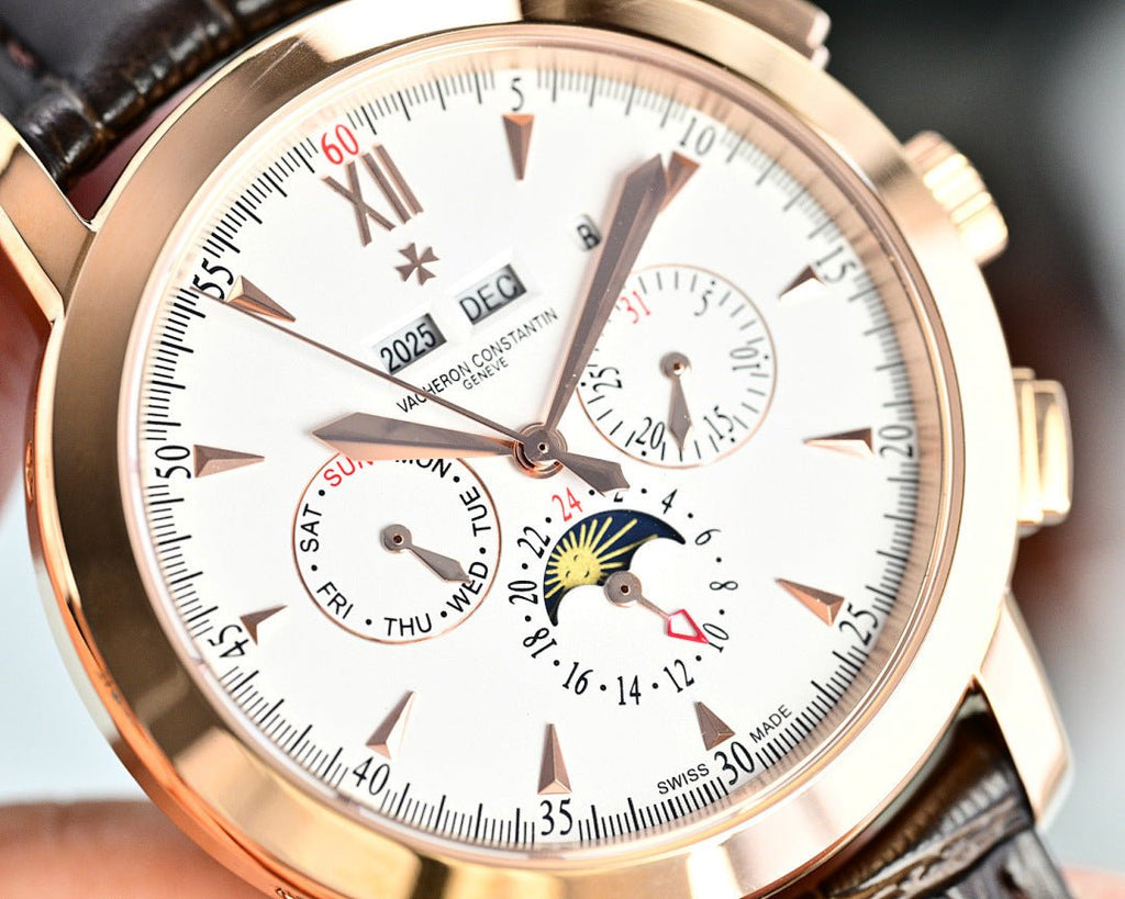 Vacheron Constantin wristwatch close-up of white dial with subdials and blue moon-phase