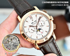 Vacheron Constantin wristwatch front view with brown leather strap and gold-tone case, white dial