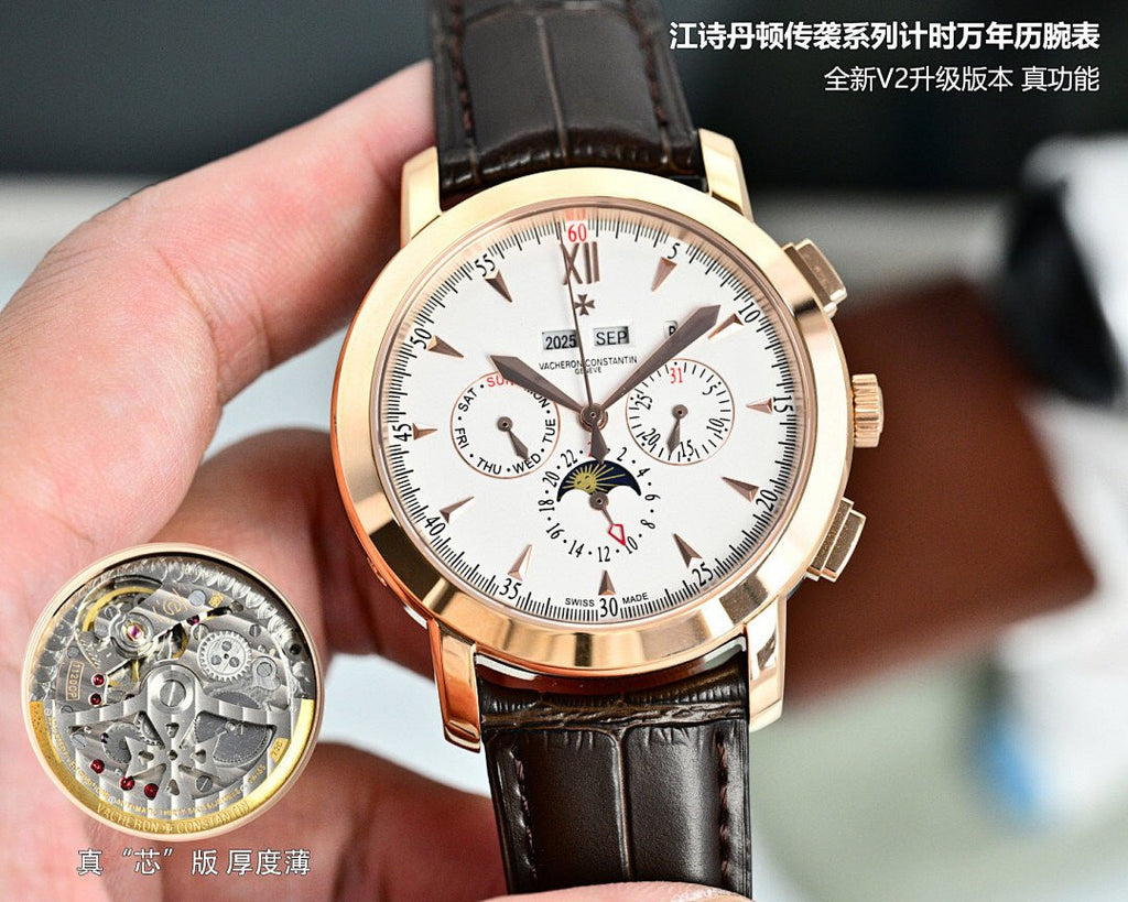 Vacheron Constantin wristwatch with brown leather strap, gold-tone bezel, and white multi-dial face
