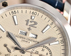 Close-up wristwatch dial with large numerals, date window, and subdial layout