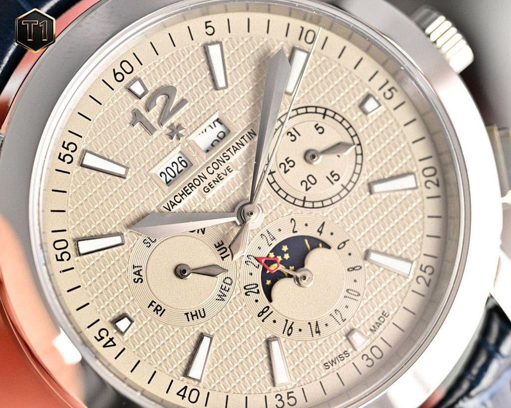 Close-up wristwatch face with textured dial, roman numerals, and multiple subdials