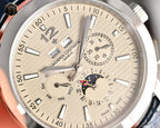 Close-up wristwatch face with textured dial, roman numerals, and multiple subdials
