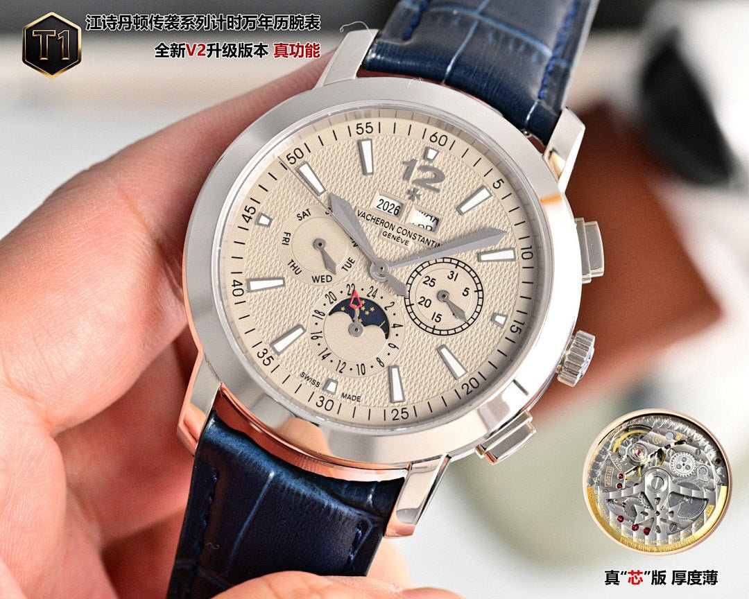 Men's wristwatch with light dial, blue leather strap, silver case, and moonphase subdial