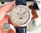 Men's wristwatch with light dial and blue leather strap, silver case with crown at right