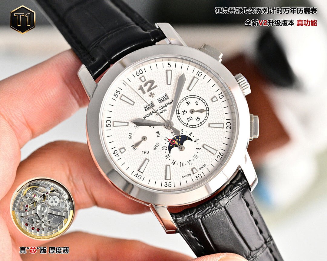 Men's wristwatch with white dial, black leather strap, silver case, and subdials