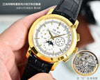 Gold-tone chronograph wristwatch with white dial, black leather strap, calendar subdials