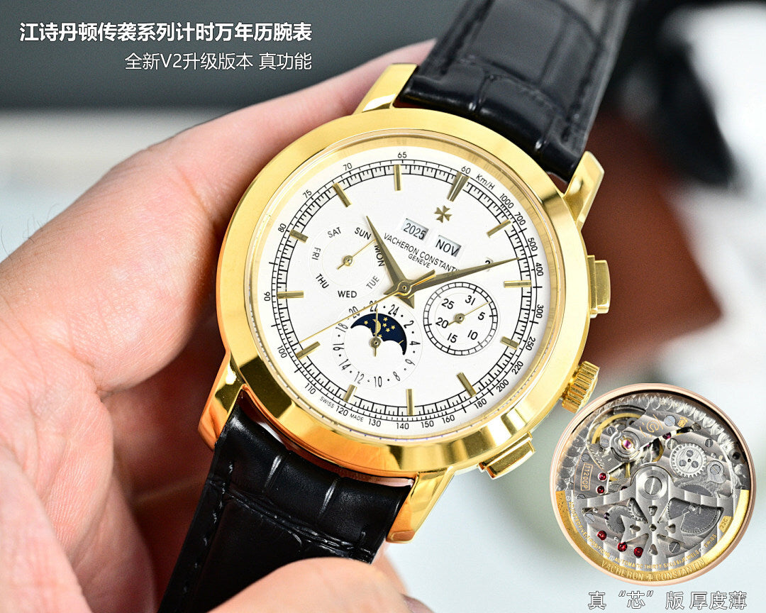 Gold-tone chronograph wristwatch with white dial, black leather strap, calendar subdials