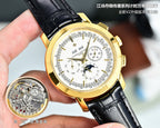 Gold-tone chronograph wristwatch with white dial and black leather strap, movement inset