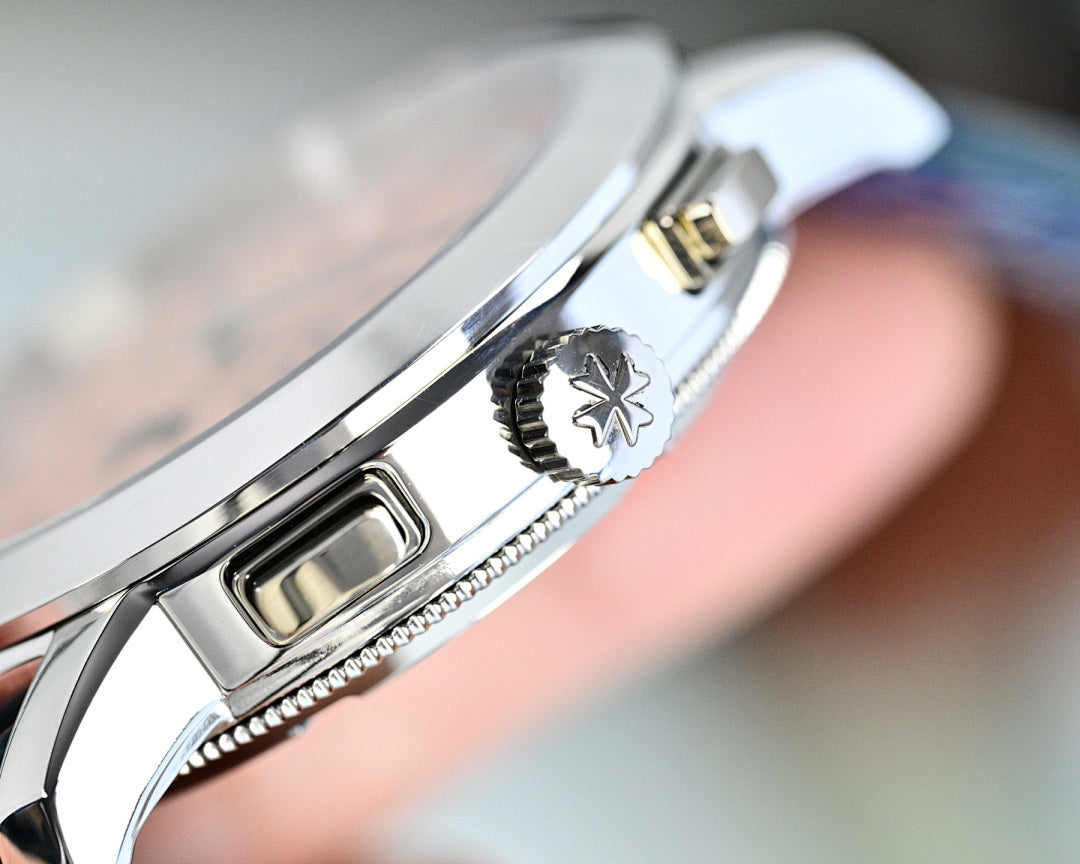 Vacheron Constantin watch clasp detail with engraved emblem and silver hardware