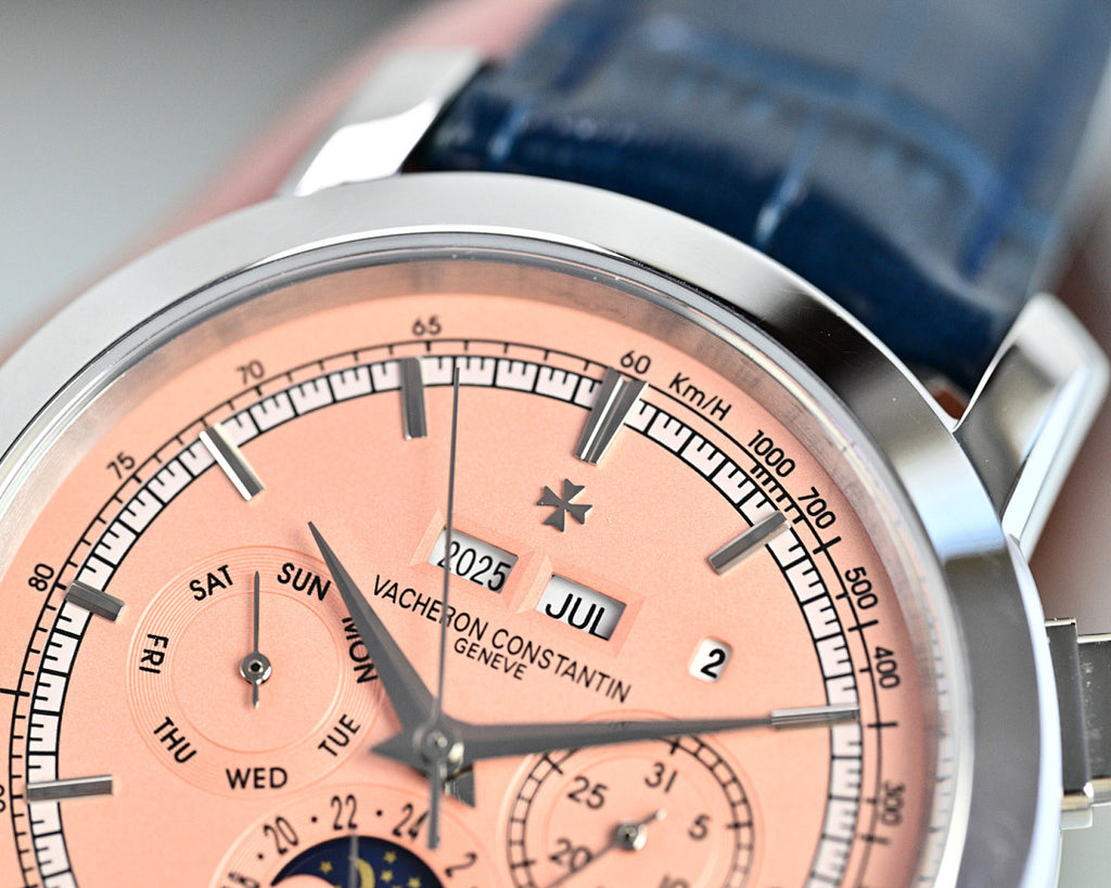 Vacheron Constantin wristwatch with champagne dial, silver bezel and blue leather strap