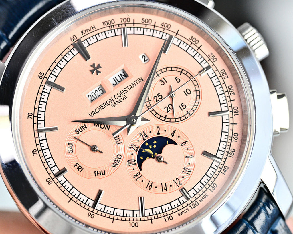Vacheron Constantin wristwatch close-up of champagne dial, subdials and blue leather strap