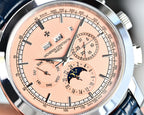 Vacheron Constantin wristwatch close-up of champagne dial, subdials and blue leather strap