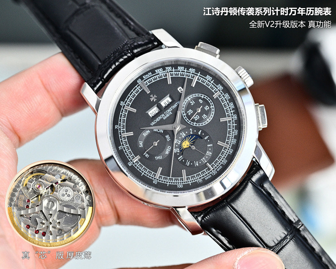 Vacheron Constantin wristwatch with dark dial, silver case and black leather strap