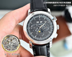 Vacheron Constantin wristwatch with black dial and silver case, black leather strap