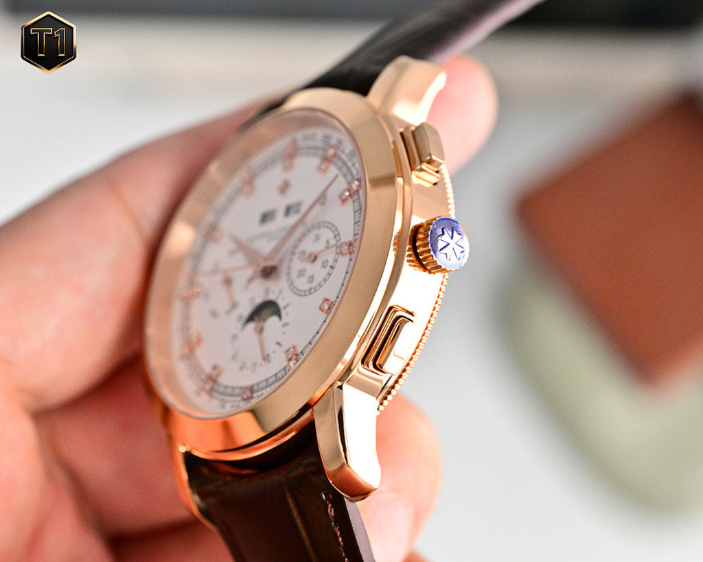 Rose-gold wristwatch side view with crown detail and brown leather strap