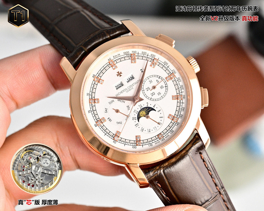 Rose-gold wristwatch on brown leather strap with white dial and moon-phase subdial