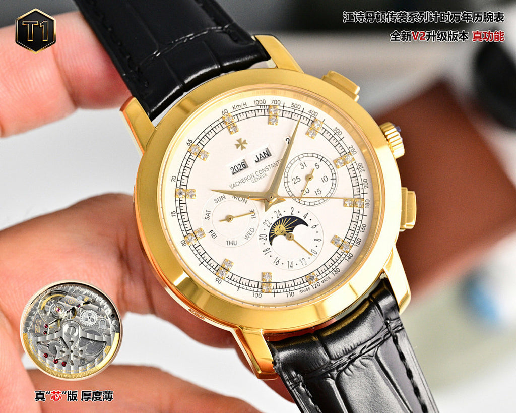 Gold-tone wristwatch with white dial, multiple subdials, black leather strap