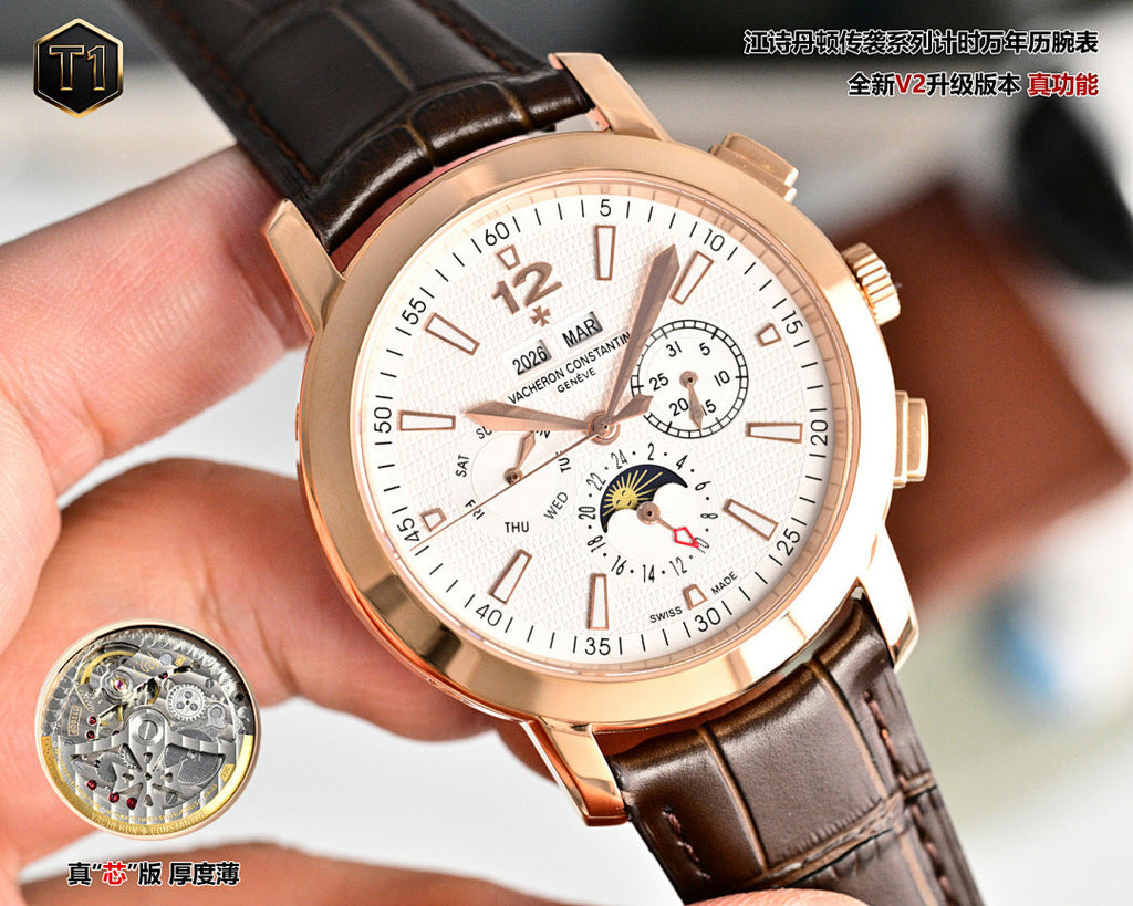 Rose-gold wristwatch with white dial, brown leather strap, prominent crown and markers