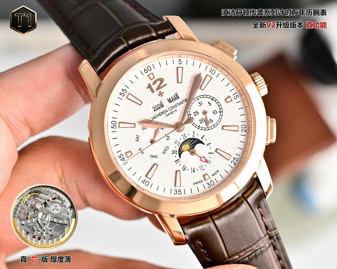 Rose-gold wristwatch with white dial, brown leather strap, prominent crown and markers
