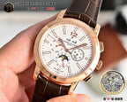 Rose-gold wristwatch face with white dial, subdials, date display, brown leather strap