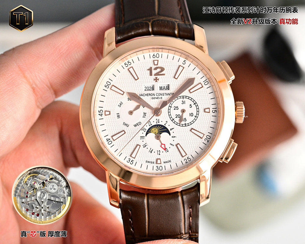 Rose-gold wristwatch with white dial and subdials, brown leather strap; movement inset