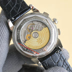 Luxury wristwatch caseback with visible mechanical movement and black leather strap