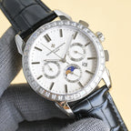 Luxury wristwatch with white dial, black leather strap, and small subdials