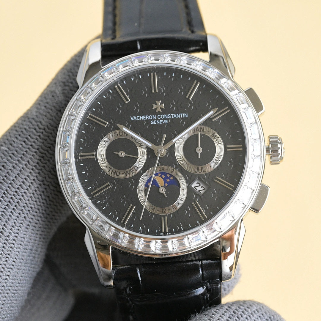 Luxury wristwatch with black dial, black leather strap, and diamond-studded bezel