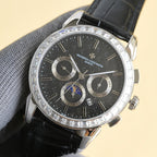 Luxury wristwatch with textured black dial, black leather strap, and subdials