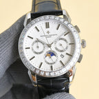 Luxury wristwatch with white dial, black leather strap, diamond-studded bezel, round case