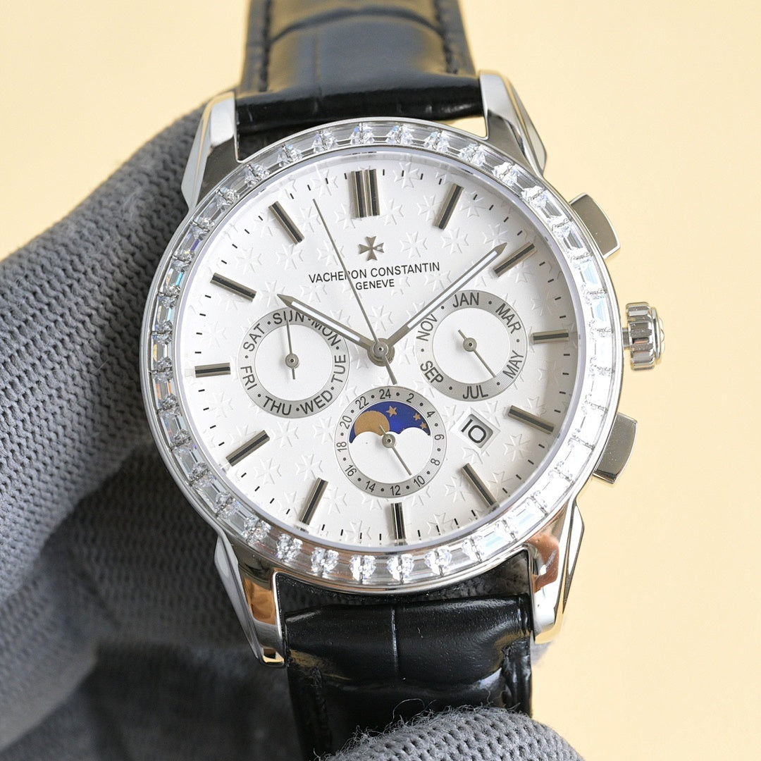 Luxury wristwatch with white dial, black leather strap, diamond-studded bezel, round case