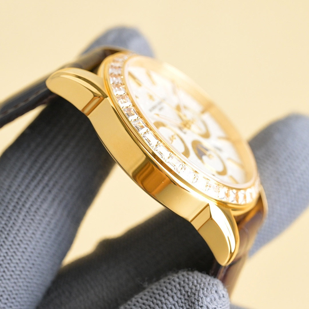Vacheron Constantin wristwatch with gold case and diamond bezel on wrist