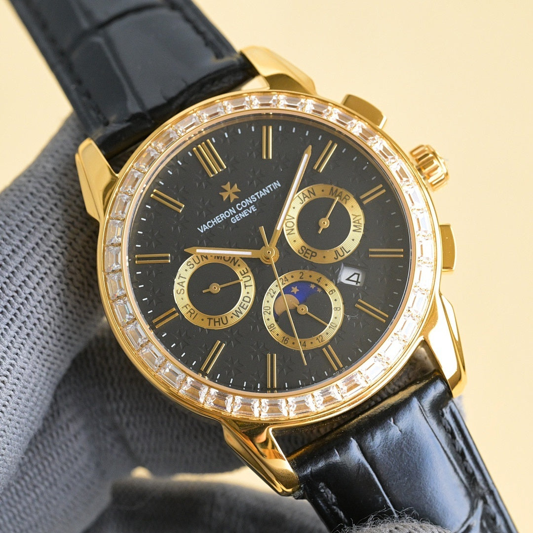 Vacheron Constantin wristwatch with black dial, gold case, diamond bezel, leather strap