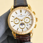 Vacheron Constantin wristwatch with white dial, gold case, diamond bezel, leather strap