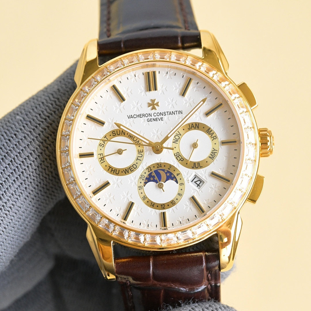 Vacheron Constantin wristwatch with white dial, gold case, diamond bezel, leather strap