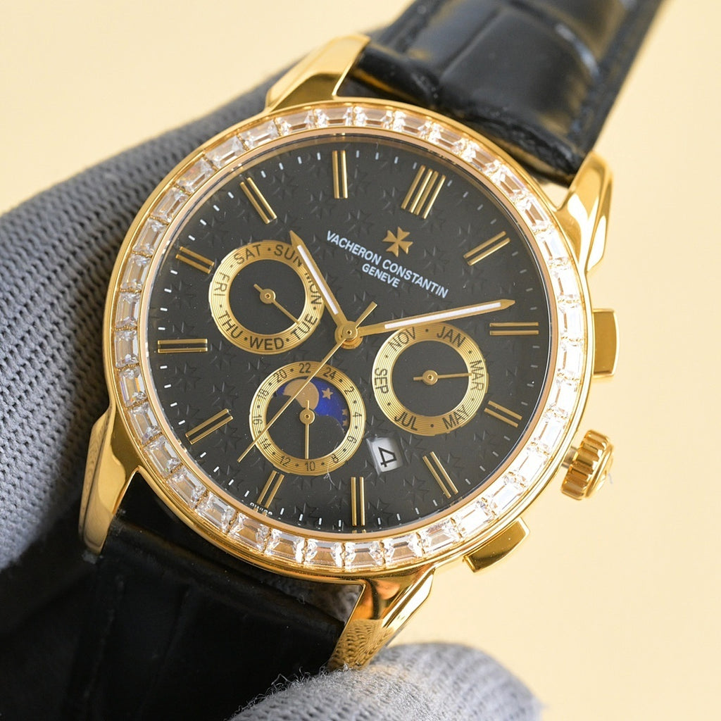 Vacheron Constantin wristwatch with black dial, gold case, diamond bezel, leather strap