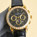 Vacheron Constantin wristwatch with black dial, gold case, diamond bezel, leather strap