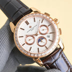 Vacheron Constantin wristwatch with white dial, gold case, diamond bezel, leather strap