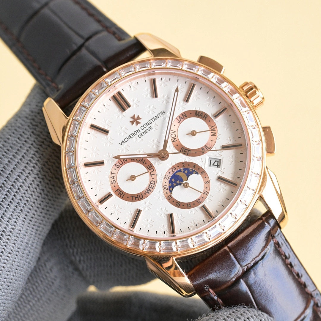 Vacheron Constantin wristwatch with white dial, gold case, diamond bezel, leather strap