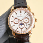 Vacheron Constantin wristwatch with white dial, gold case, diamond bezel, leather strap