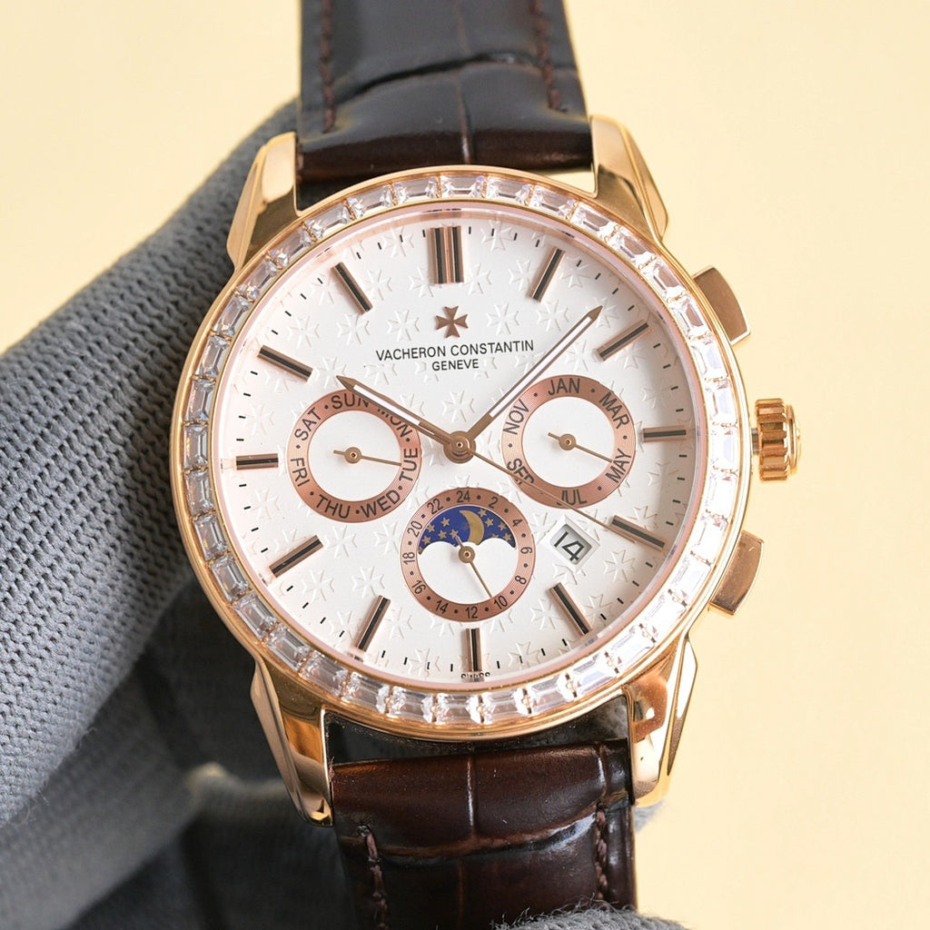 Vacheron Constantin wristwatch with white dial, gold case, diamond bezel, leather strap