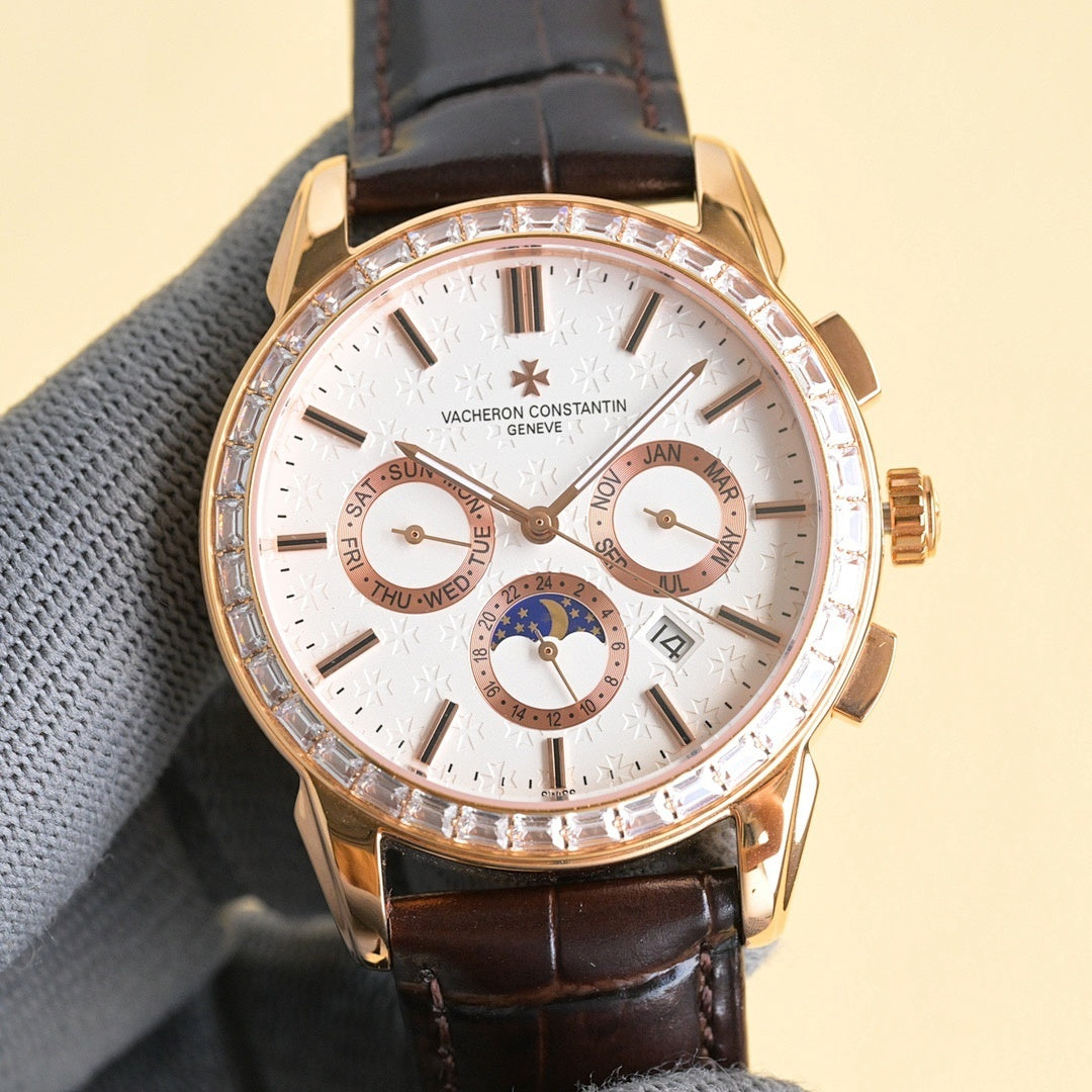 Vacheron Constantin wristwatch with white dial, gold case, diamond bezel, leather strap