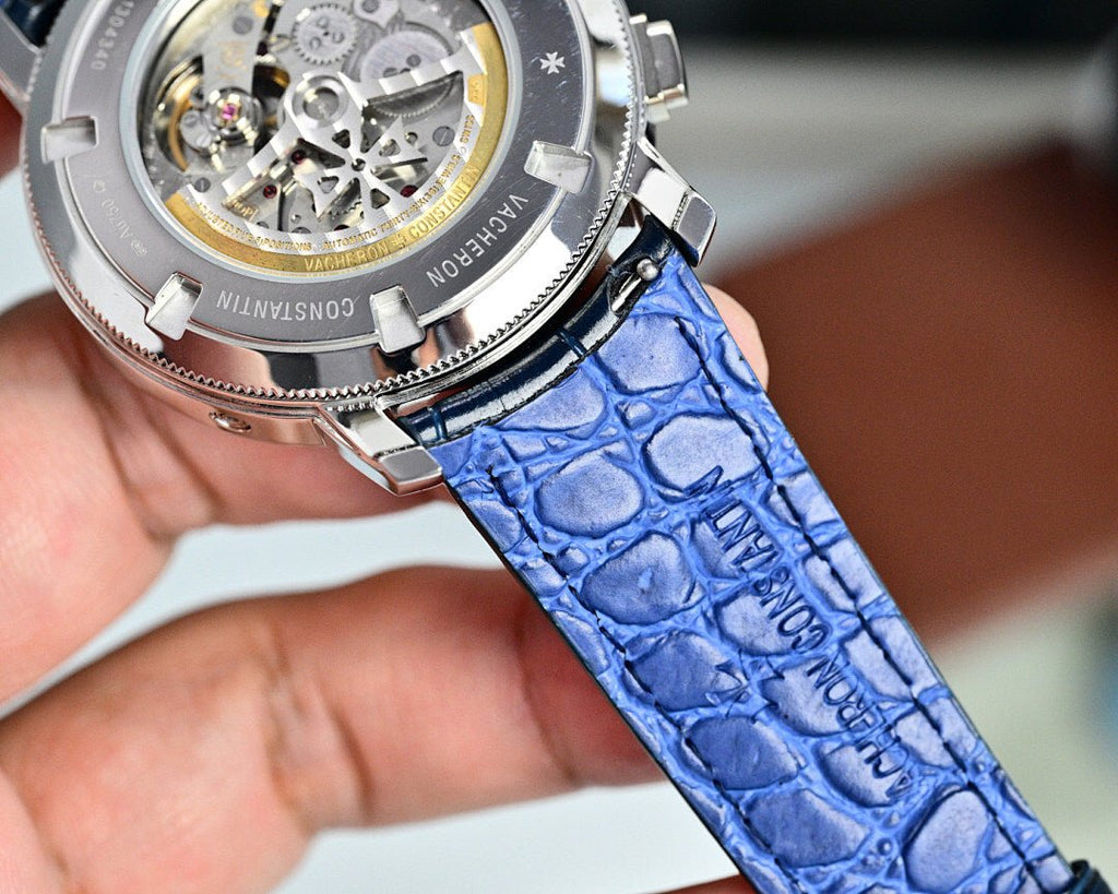 Vacheron Constantin watch with open caseback and blue leather strap