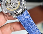 Vacheron Constantin watch with open caseback and blue leather strap