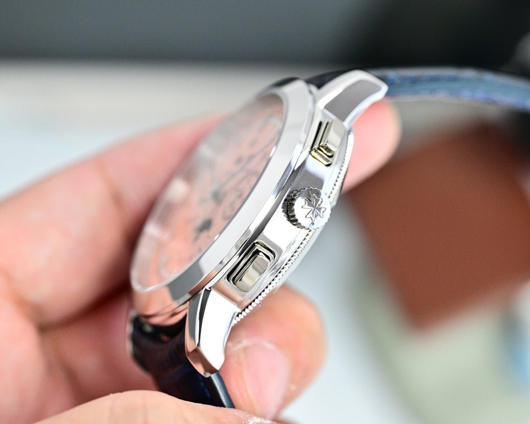 Vacheron Constantin watch side view with silver case and blue leather strap
