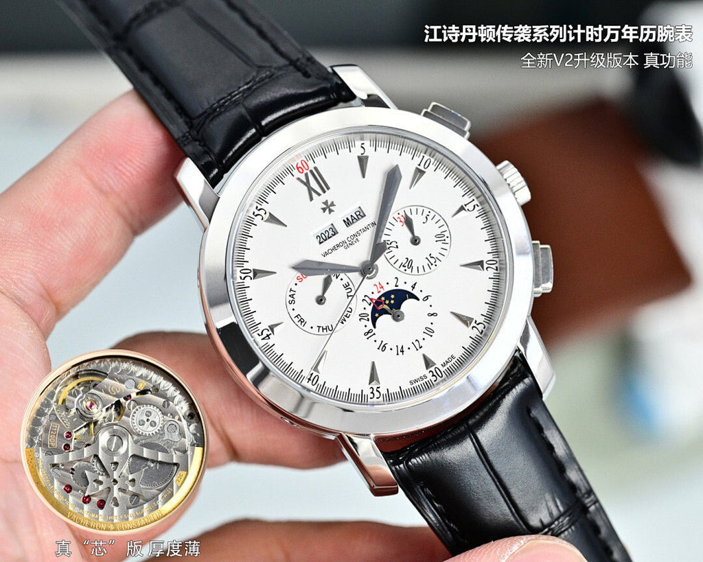 Vacheron Constantin watch with white dial and black leather strap