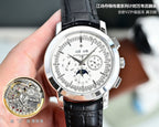 Vacheron Constantin watch with white dial, silver case, and black leather strap