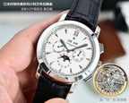 Vacheron Constantin watch with white dial and black leather strap, angled view